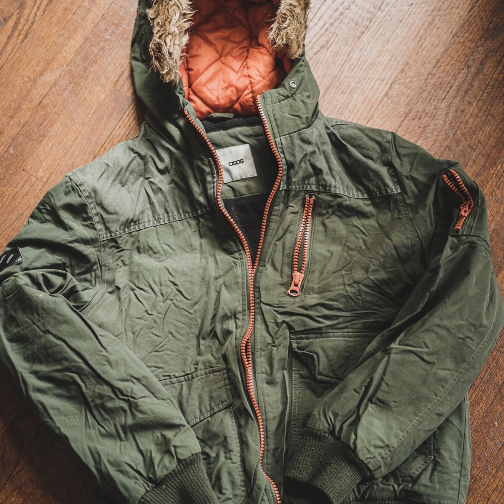 H&M Fur Collar Olive Green Puffer Coat - Men's M